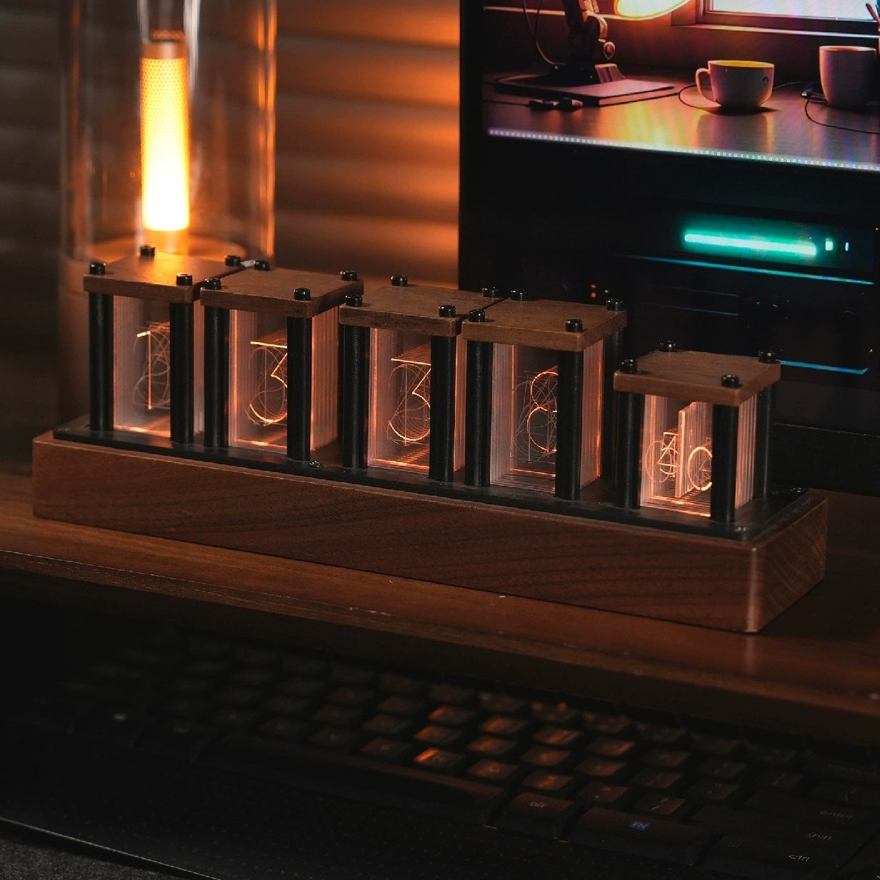 Wood LED Desk Clock with Night Glow Decorative Light